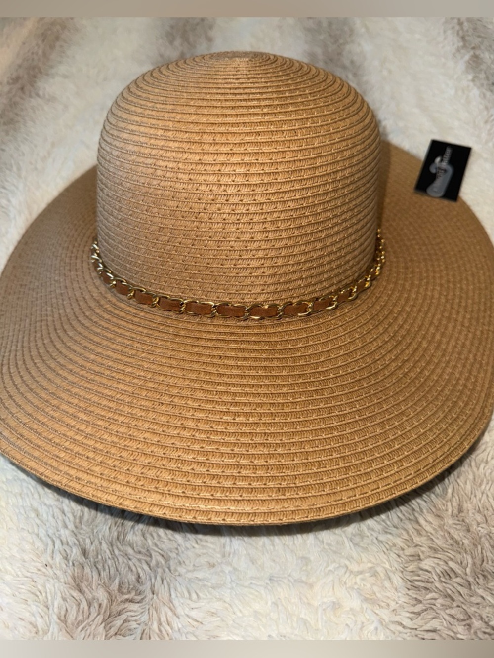 Women’s Straw Sun Hat Wide Brim Tan w/ Gold Chain Band Summer Beach Hat